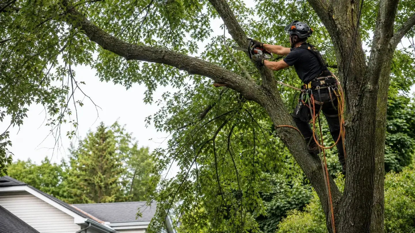 Arboriculteur élaguant un arbre mature sur un terrain résidentiel