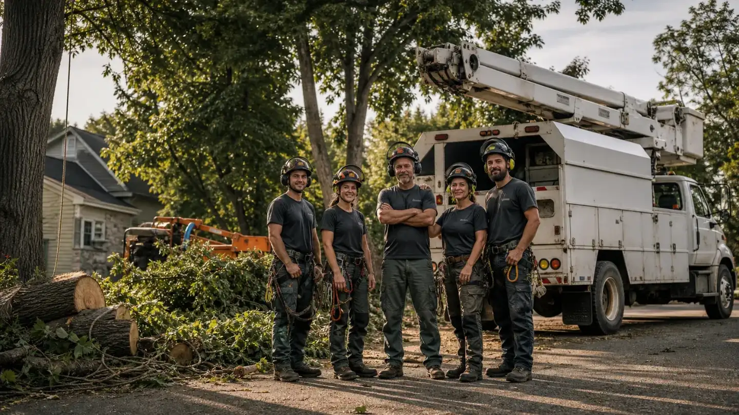 Équipe familiale d'arboriculture devant son équipement