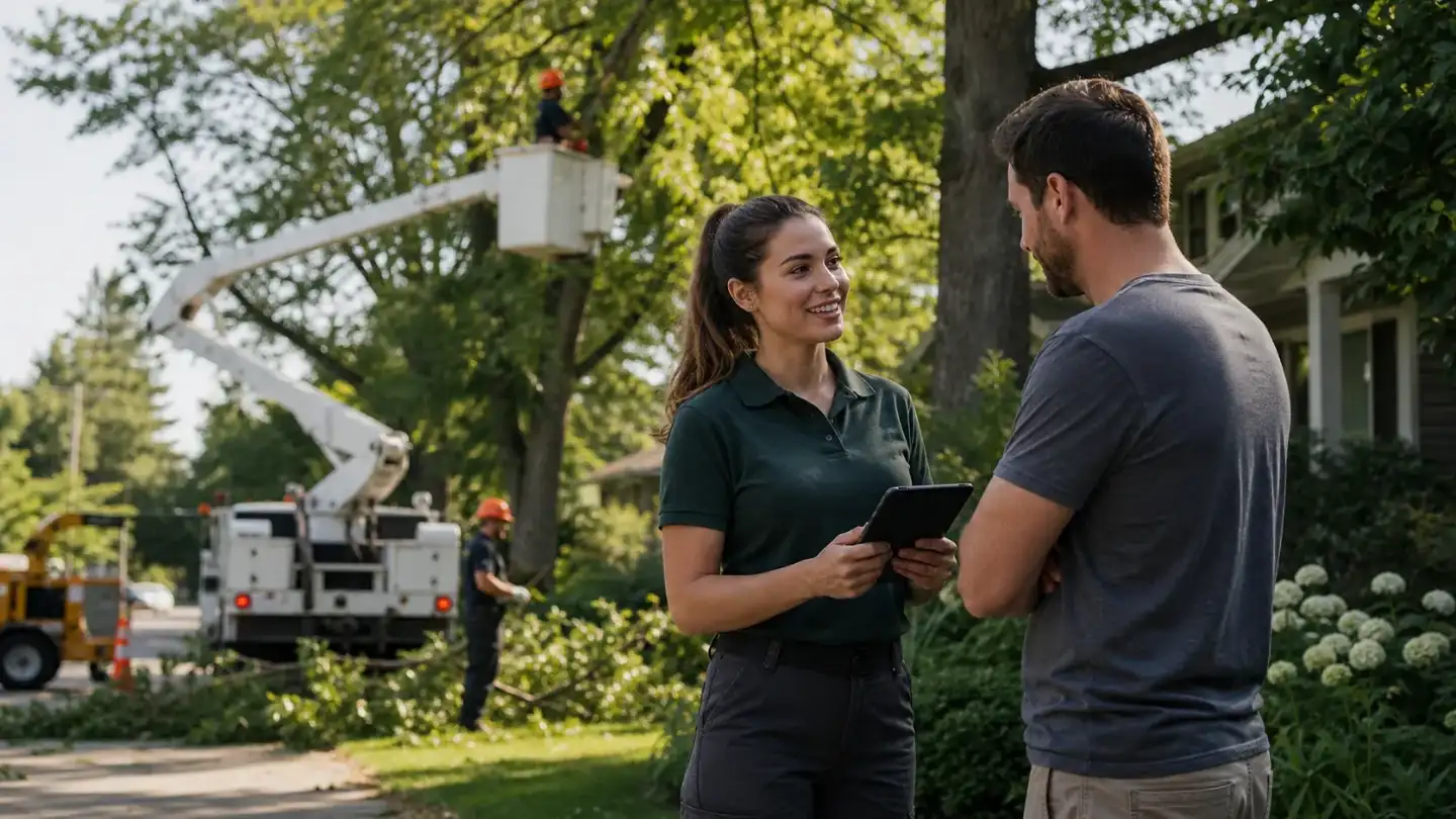 Représentante aux soumissions discutant avec un client devant un chantier d'arboriculture