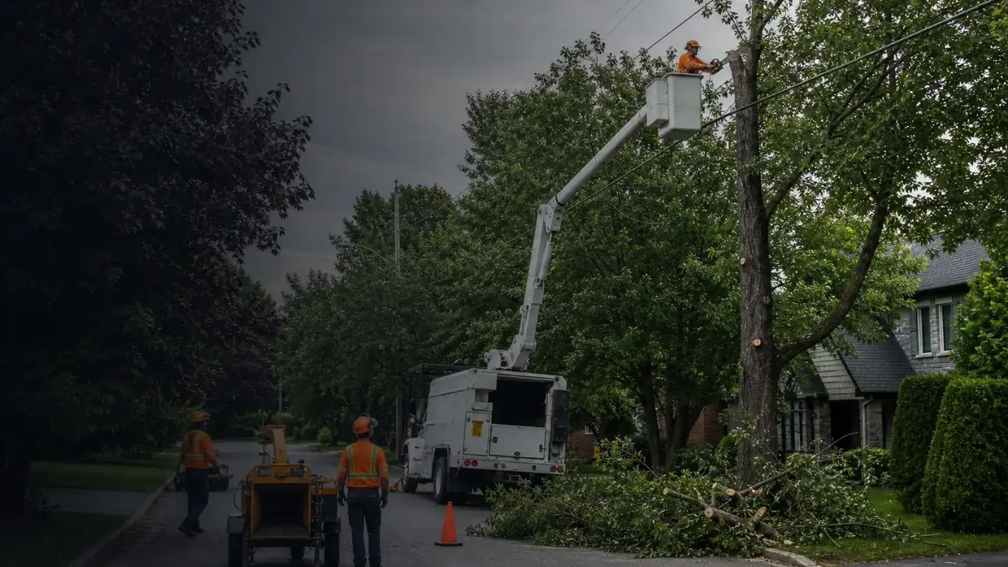 Nacelle et équipe d'arboriculture pour des travaux près des lignes