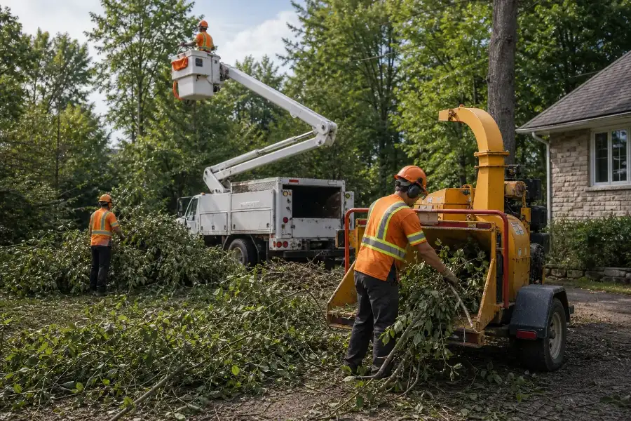 Équipe d'arboriculture nettoyant des branches avec broyeur et nacelle