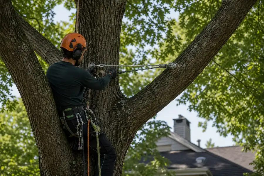 Arboriculteur installant un câble de haubanage dans un arbre mature
